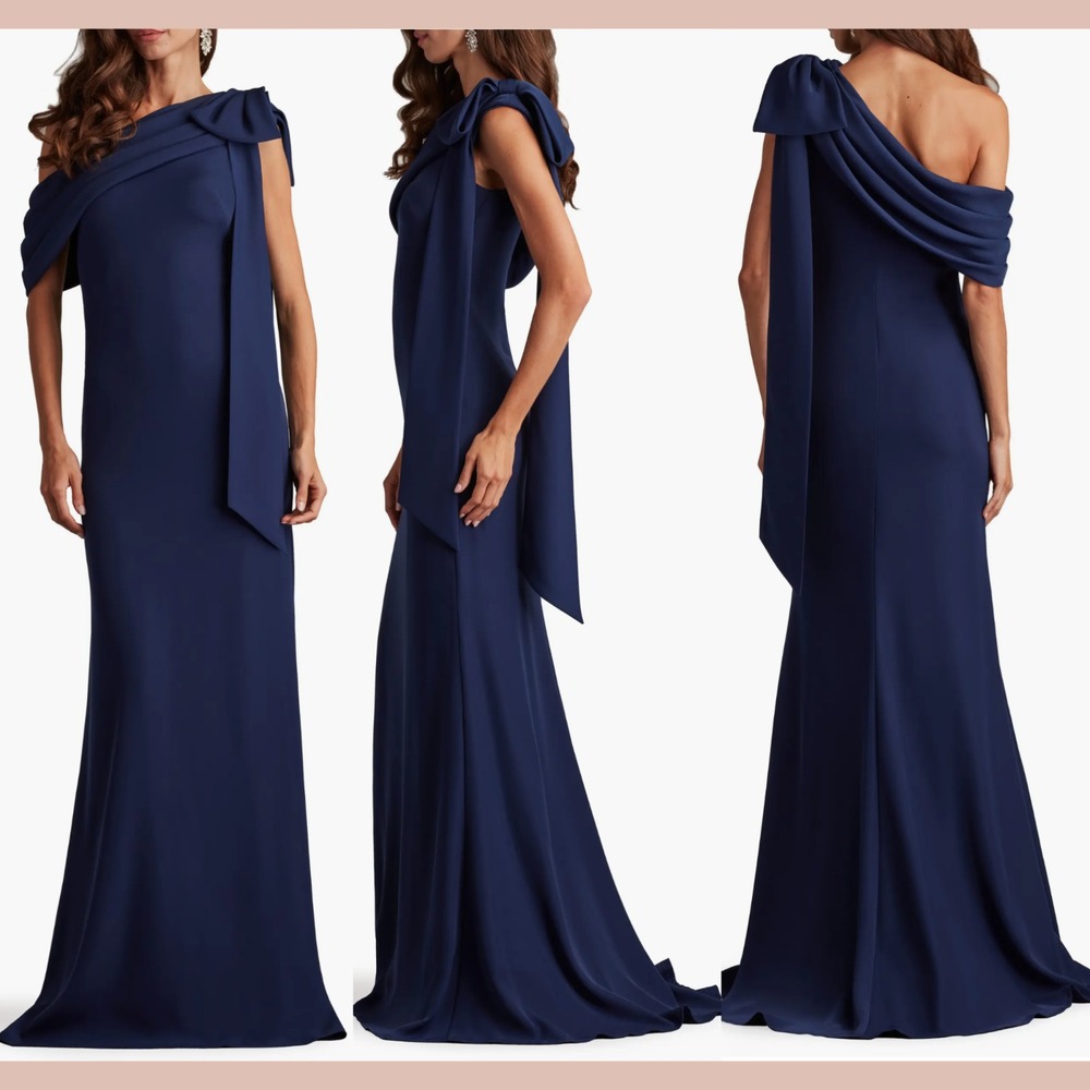 NEW $378 Tadashi Shoji [ 10 ] Bow One Shoulder Crepe Column Gown Navy Blue S2044